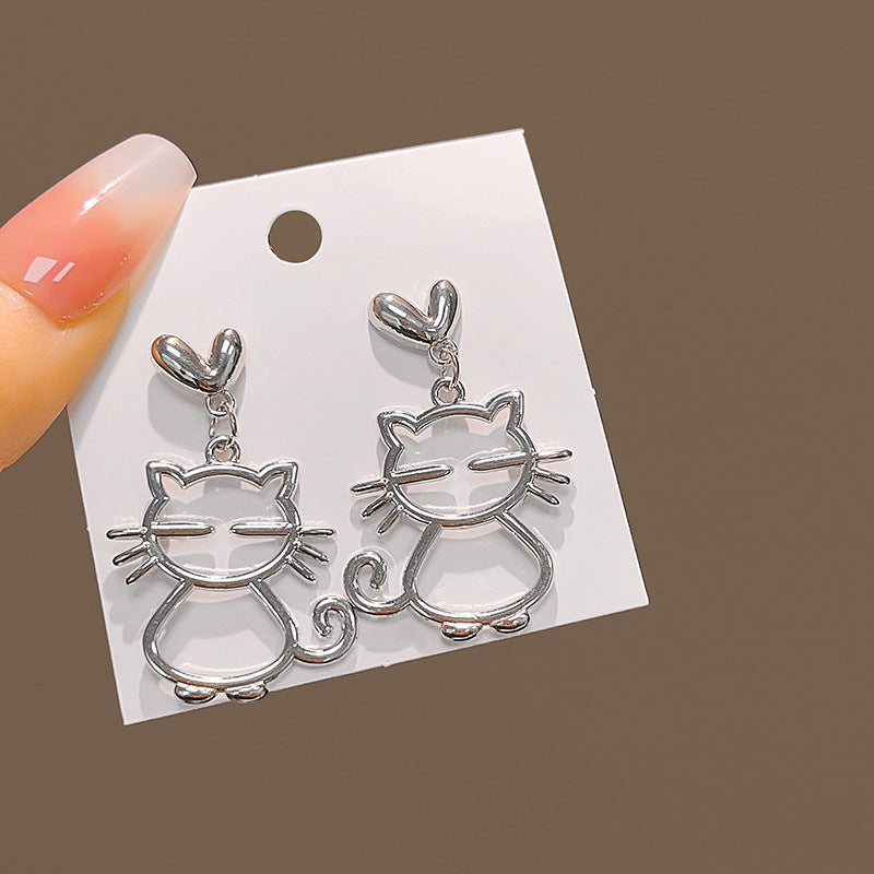 Silver Needle Metal Melancholy Cat Temperament Earrings Simple Asymmetric-Jewearrings