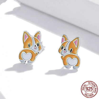 Women's Cute Corgi Sterling Silver S925 Stud Earrings-Jewearrings