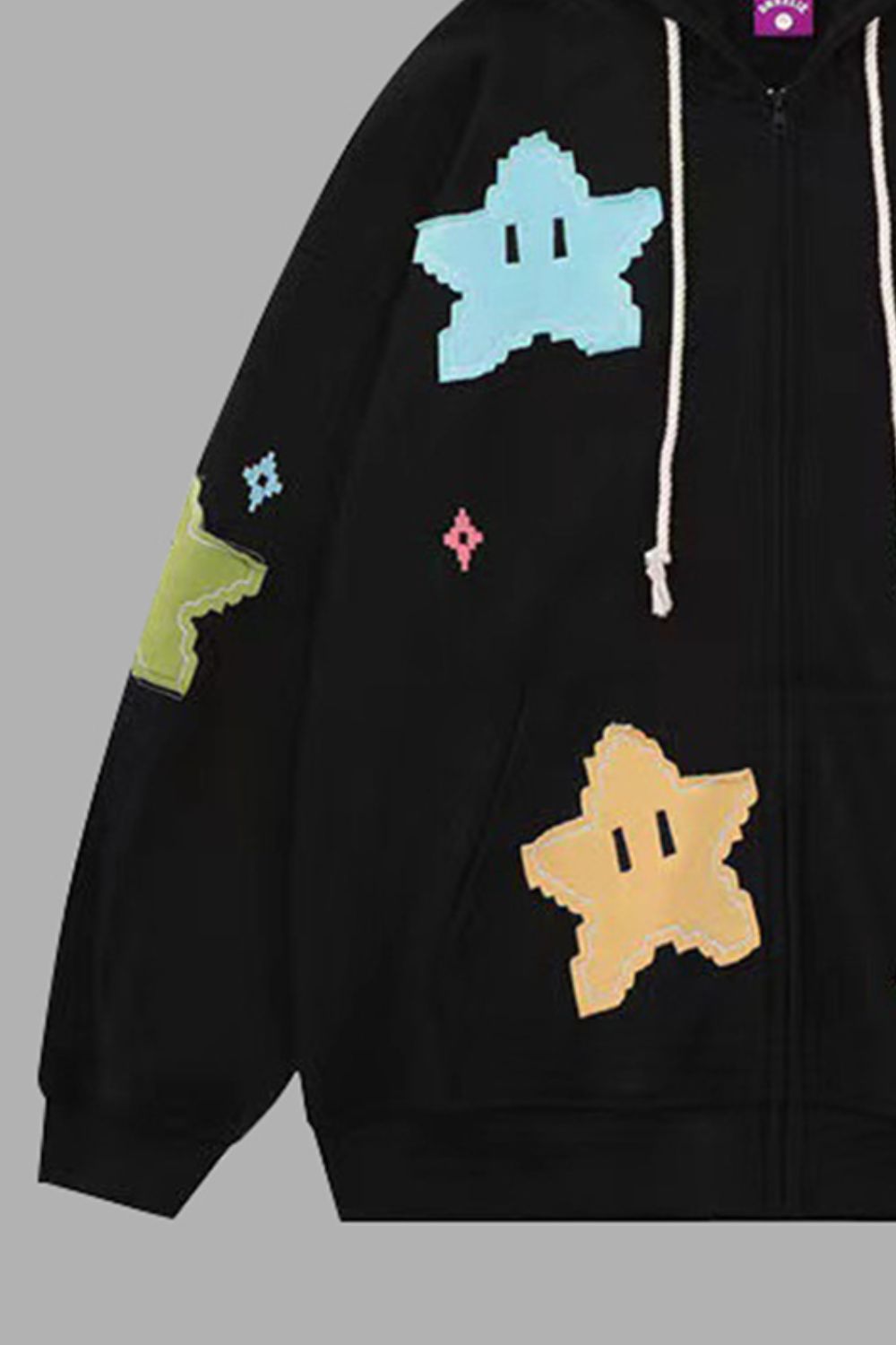 Star Drawstring Zip Up Dropped Shoulder Hoodie-Jewearrings