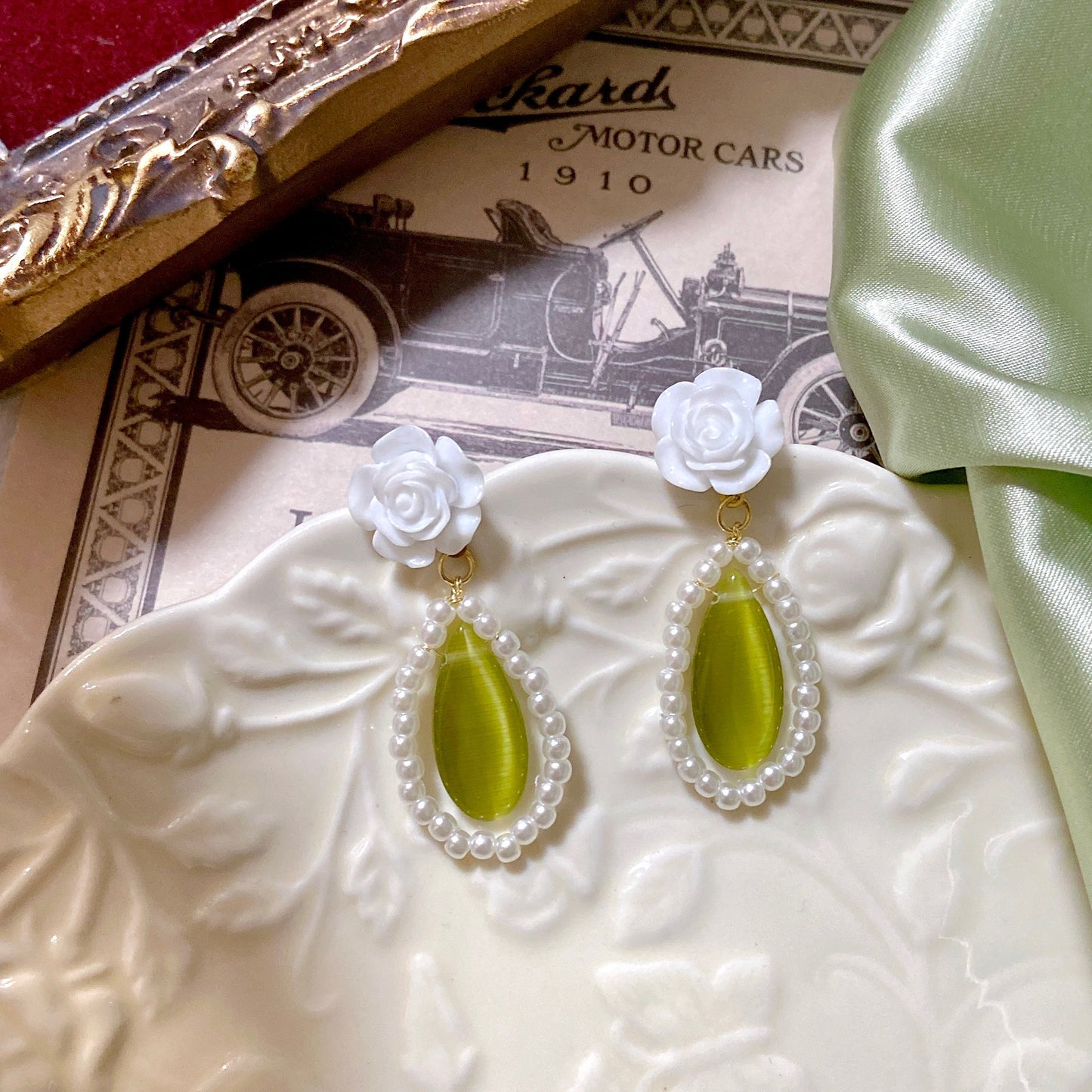 White Rose Pearl Green Opal Drop Earrings Ear Clips-Jewearrings