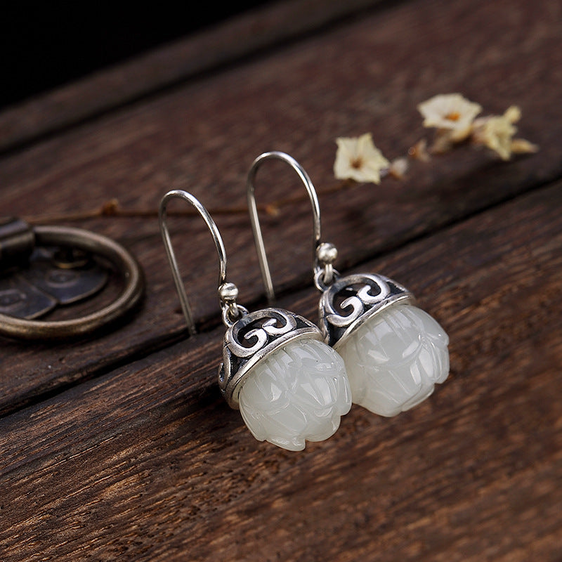 Sterling Silver Natural Hetian Jade Lotus Shape Earrings-Jewearrings