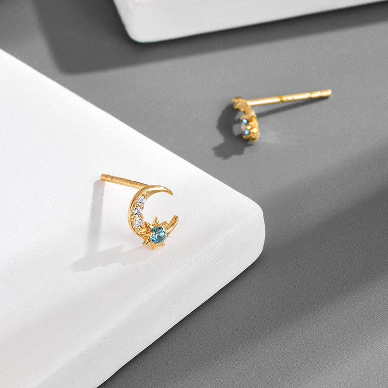 Star Moon Mini S925 Silver Gold Plated Natural Topaz Stud Earrings-Jewearrings