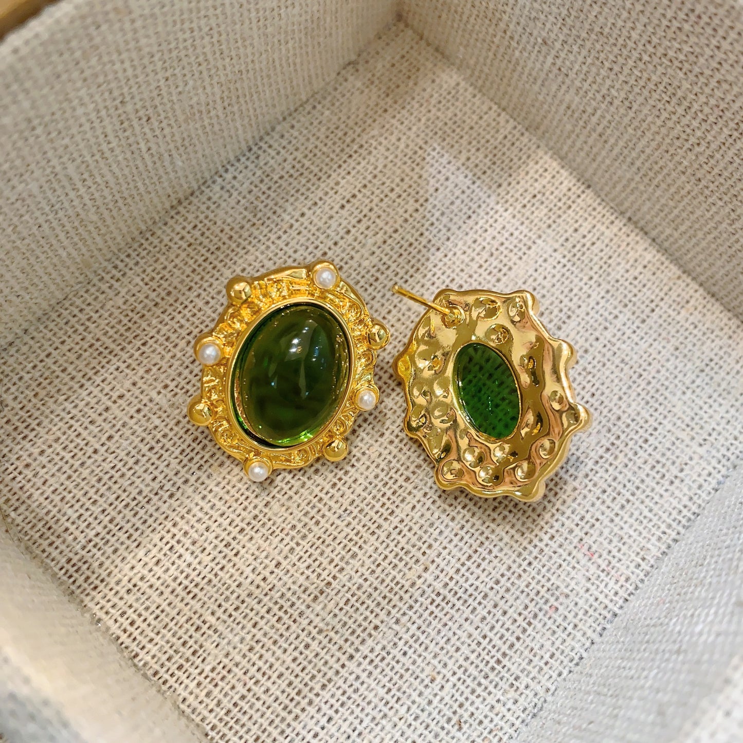 Vintage Ornament Gold Plated Grandmother Gemstone Green Glaze Earrings-Jewearrings