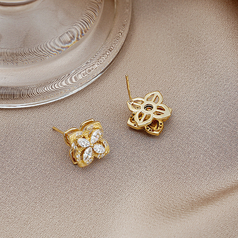 Silver Needle Double Three-dimensional Rotatable Four-leaf Flower Windmill Stud Earrings-Jewearrings