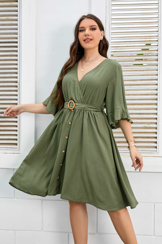 Plus Size Surplice Neck Half Sleeve Dress-Jewearrings