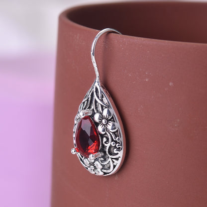 Water Drop Pear Shaped Vintage Earrings Silver Carved Ruby-Jewearrings