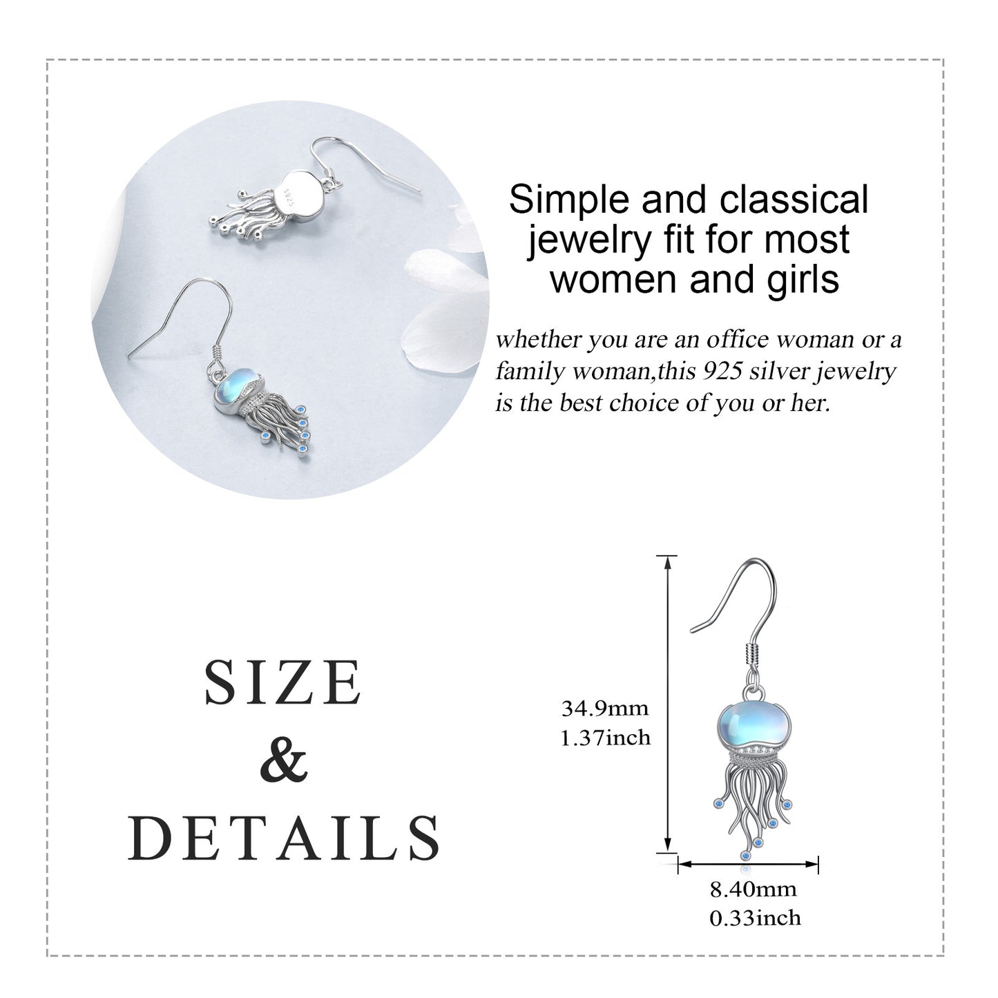 Sterling Silver Ocean Jellyfish Moonstone Dangle Earrings Jewelry Gifts for Women-Jewearrings