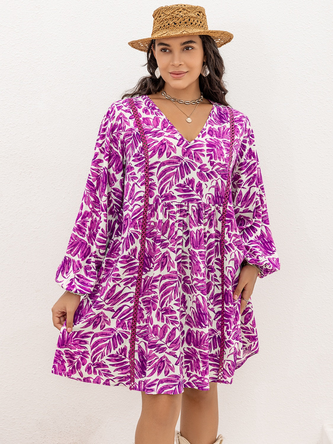 Plus Size Printed V-Neck Balloon Sleeve Mini Dress-Jewearrings