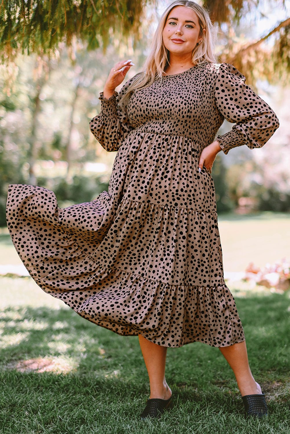 Plus Size Animal Print Smocked Tiered Dress-Jewearrings