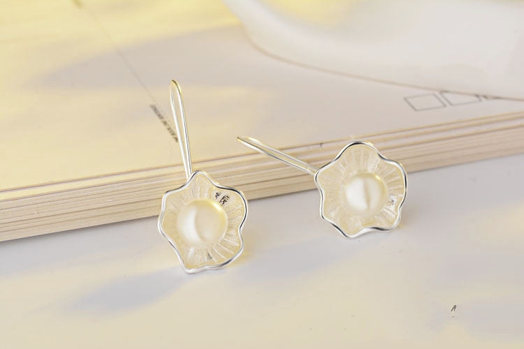 Ladies Silver Pearl Lotus Earrings-Jewearrings