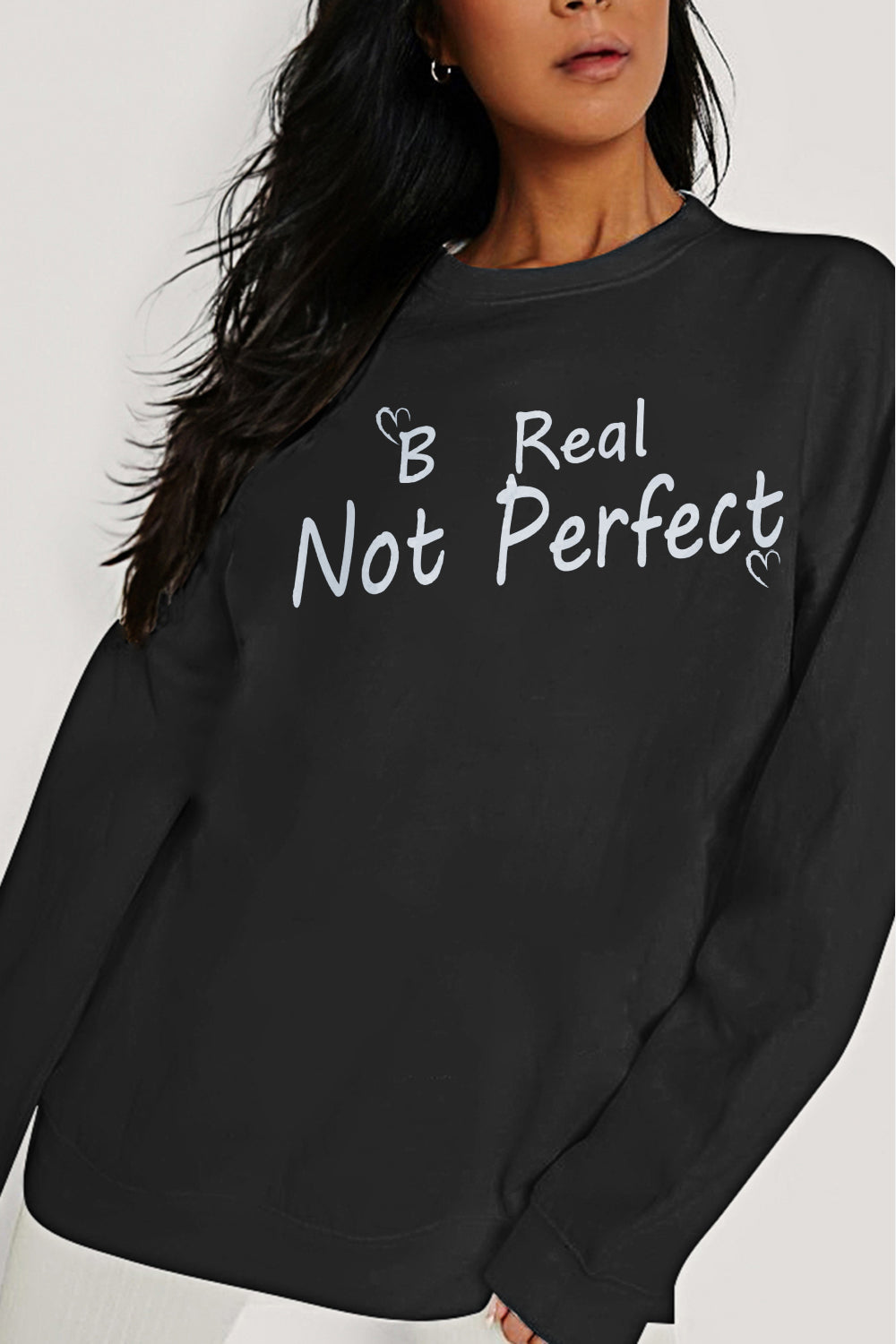 Simply Love Full Size BE REAL NOT PERFECT Graphic Sweatshirt-Jewearrings