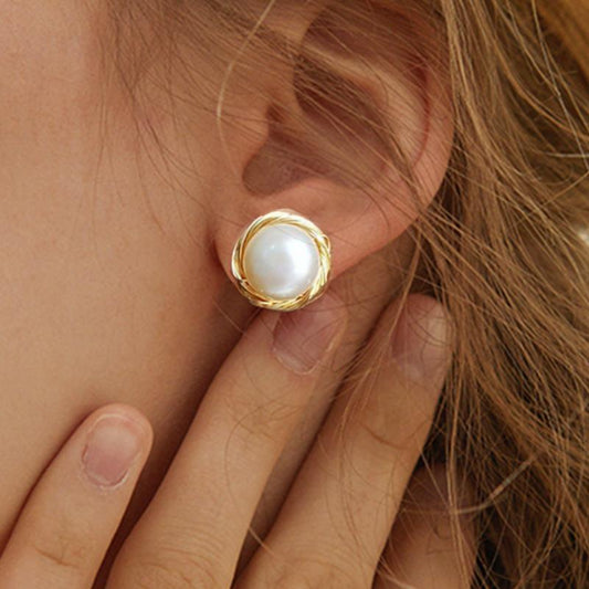 Pearl 14K Real Gold Plated Pearl Stud Earrings 925 Silver-Jewearrings