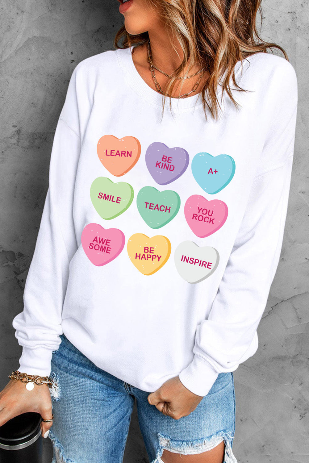 Heart Round Neck Dropped Shoulder Sweatshirt-Jewearrings