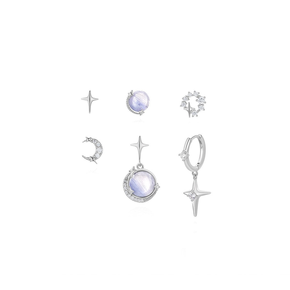 Star Moon Zircon Silver Needle Six-piece Earrings-Jewearrings