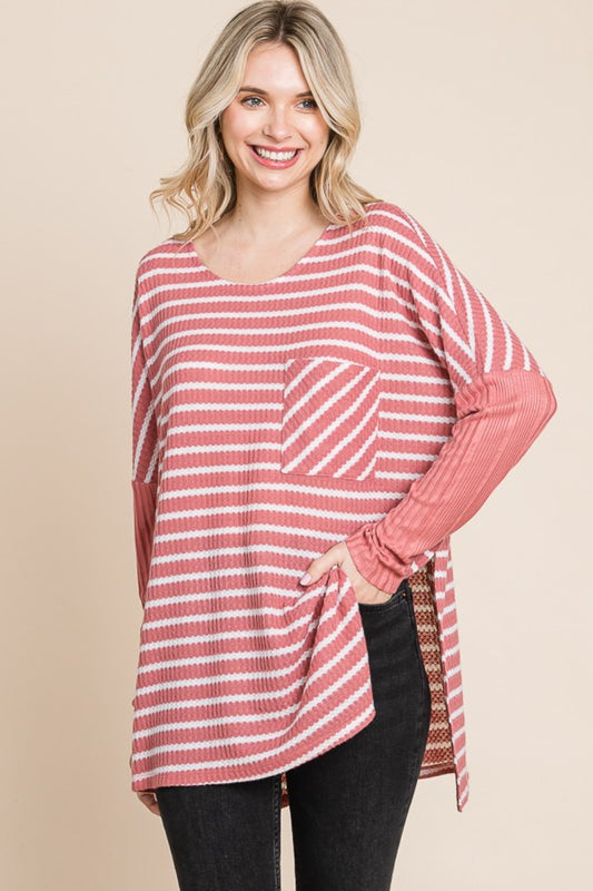 Culture Code Oversize Striped Round Neck Long Sleeve Slit T-Shirt-Jewearrings