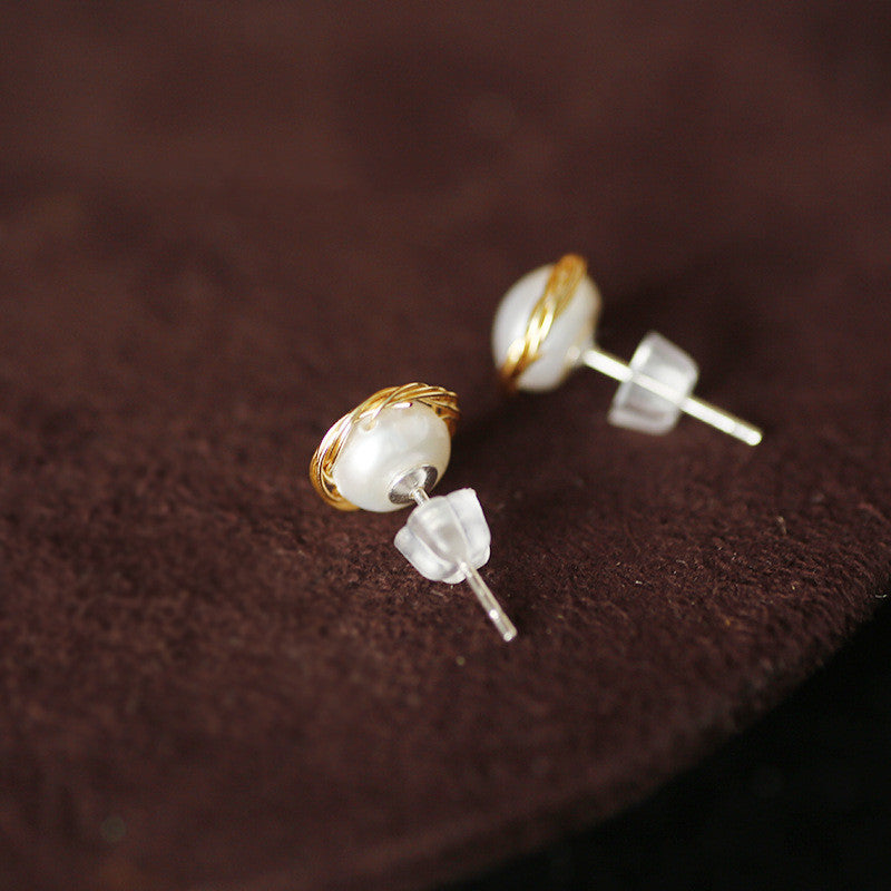 Pearl 14K Real Gold Plated Pearl Stud Earrings 925 Silver-Jewearrings