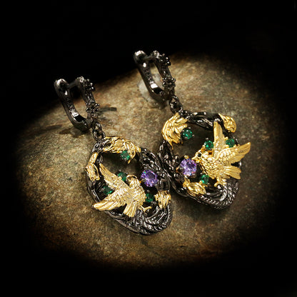 Magpie Black Gold Stud Earrings With Colored Stones And Diamonds-Jewearrings