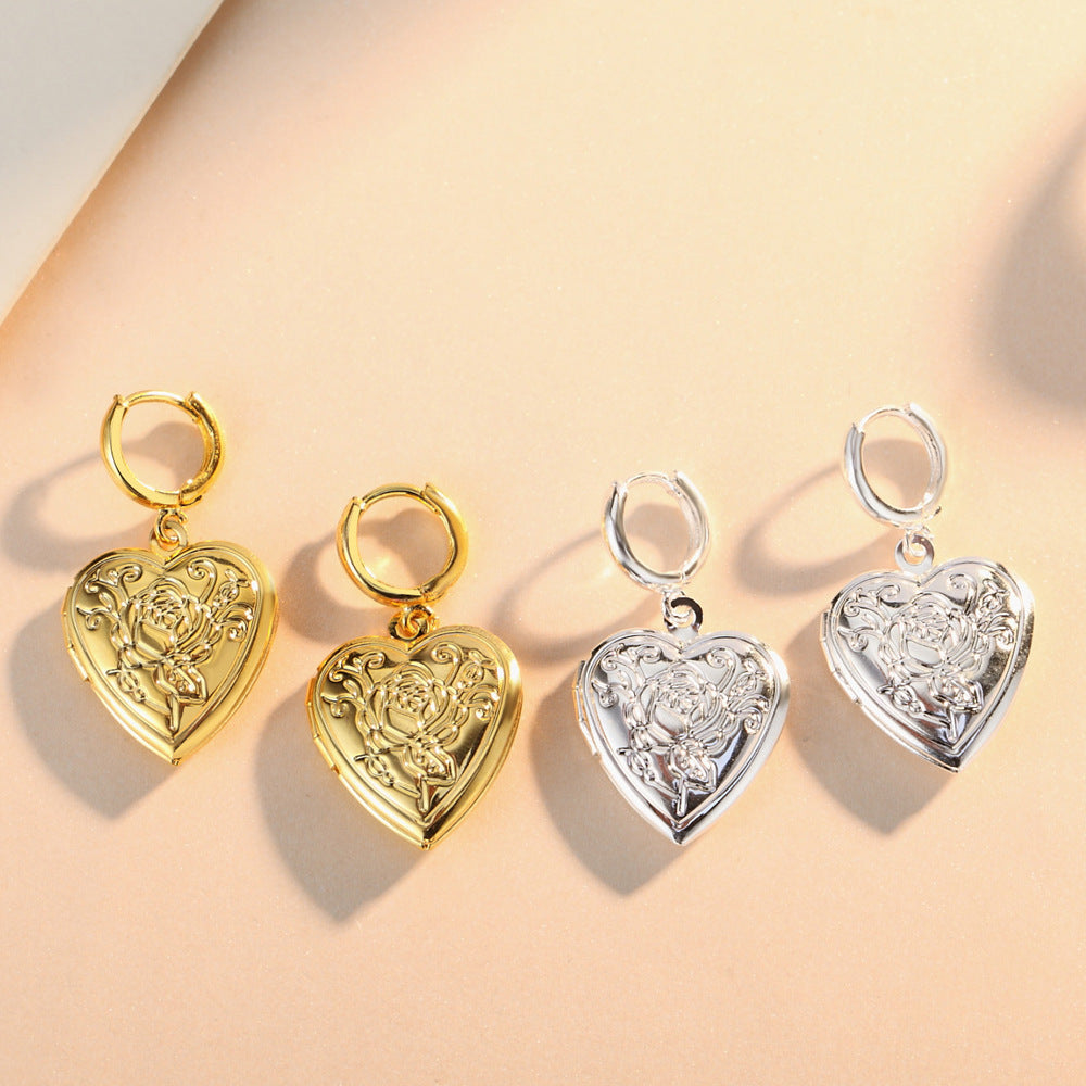 Explosive Silver-plated Heart-shaped Female Photo Box Love Earrings-Jewearrings