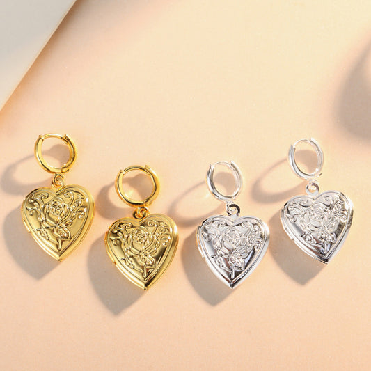 Explosive Silver-plated Heart-shaped Female Photo Box Love Earrings-Jewearrings