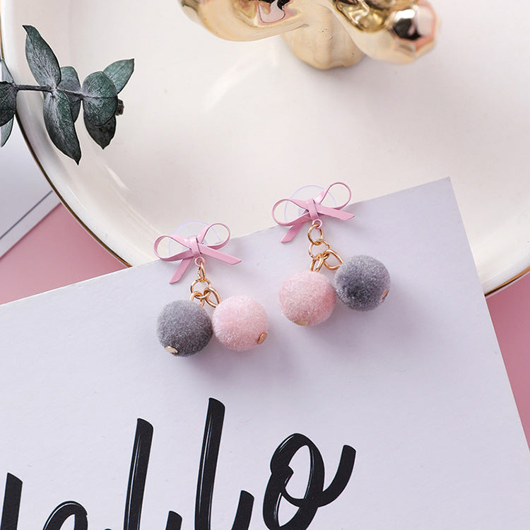 Korean version of the sweet bow velvet small hair ball earrings female temperament hair ball earrings plush autumn and winter new earrings-Jewearrings