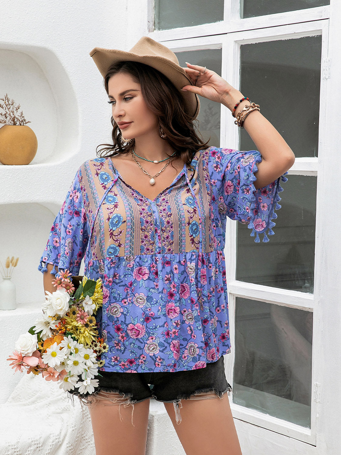 Plus Size Printed V-Neck Half Sleeve Blouse-Jewearrings