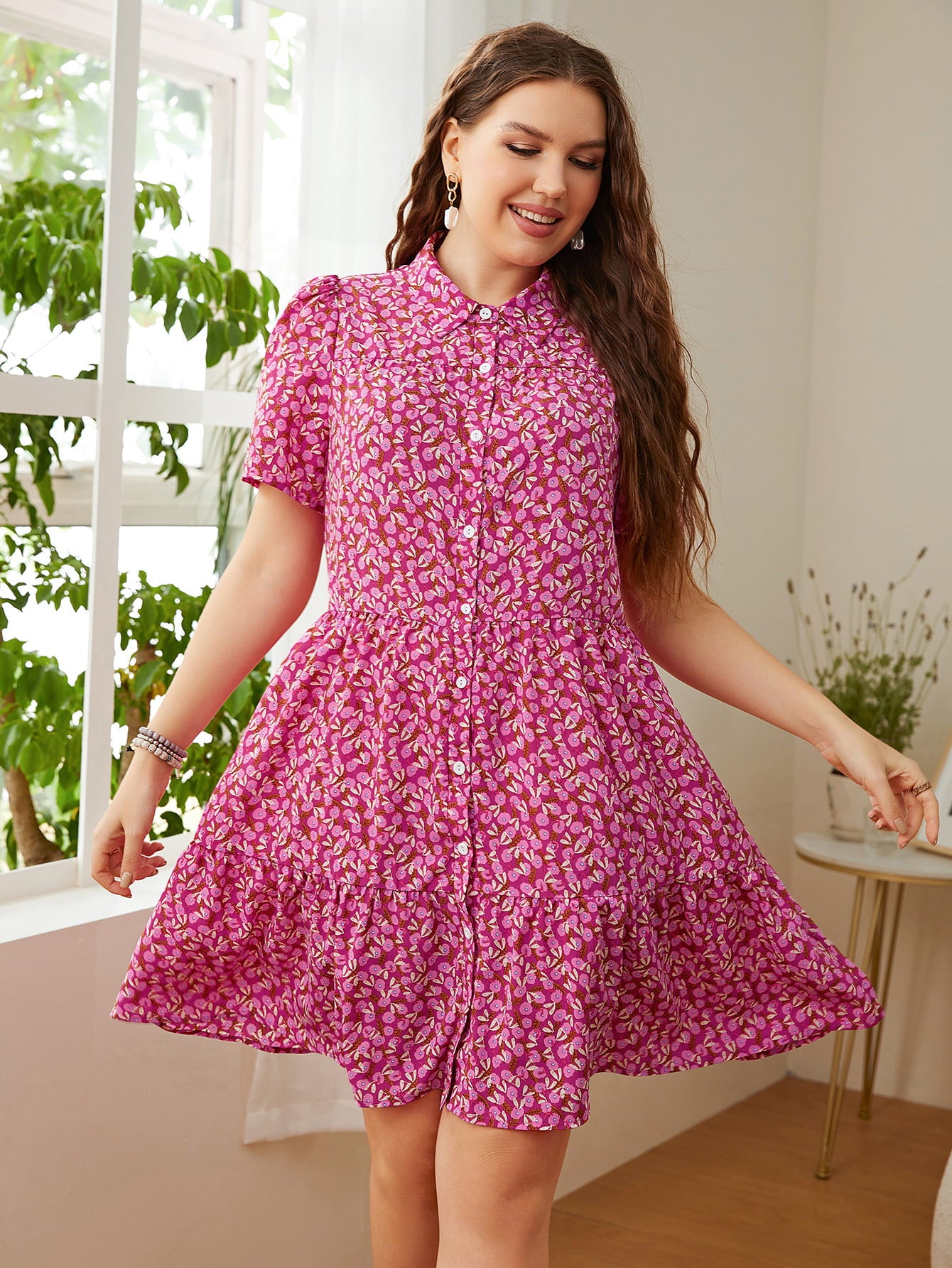 Plus Size Printed Short Sleeve Collared Dress-Jewearrings