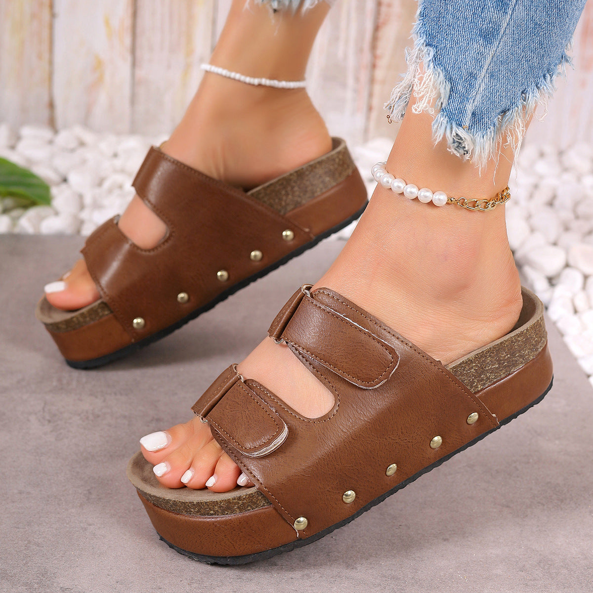 PU Leather Studded Platform Sandals-Jewearrings