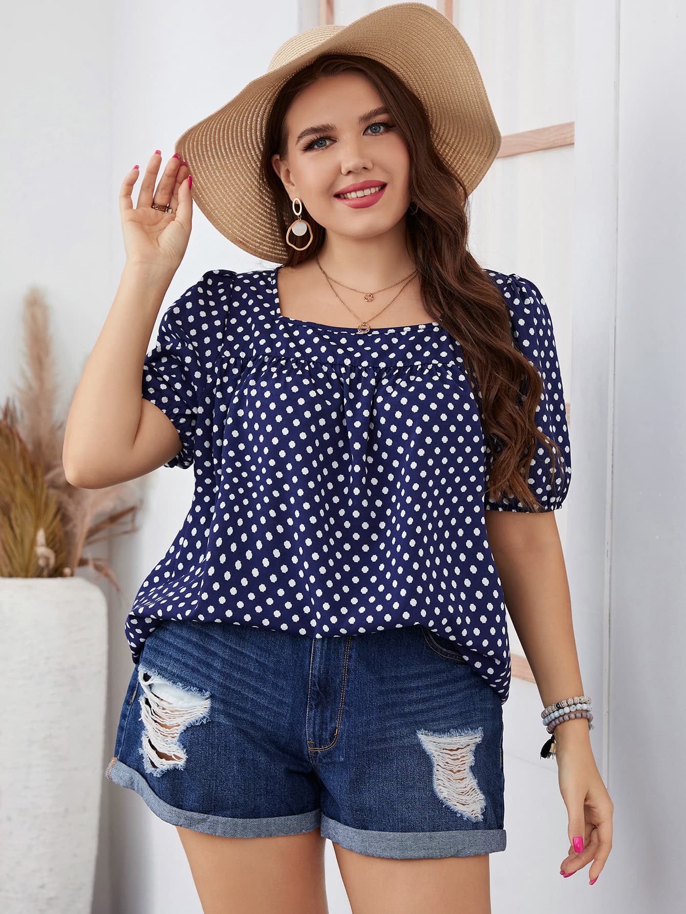 Plus Size Polka Dot Square Neck Blouse-Jewearrings