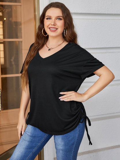 Plus Size Drawstring V-Neck Short Sleeve Blouse-Jewearrings