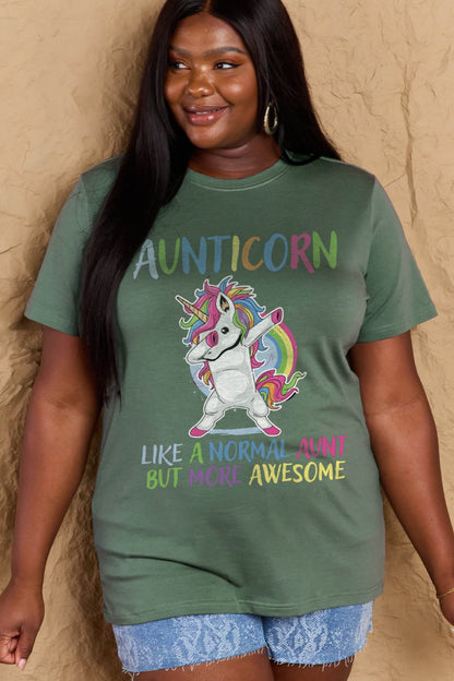 Simply Love Full Size AUNTICORN LIKE A NORMAL AUNT BUT MORE AWESOME Graphic Cotton Tee-Jewearrings