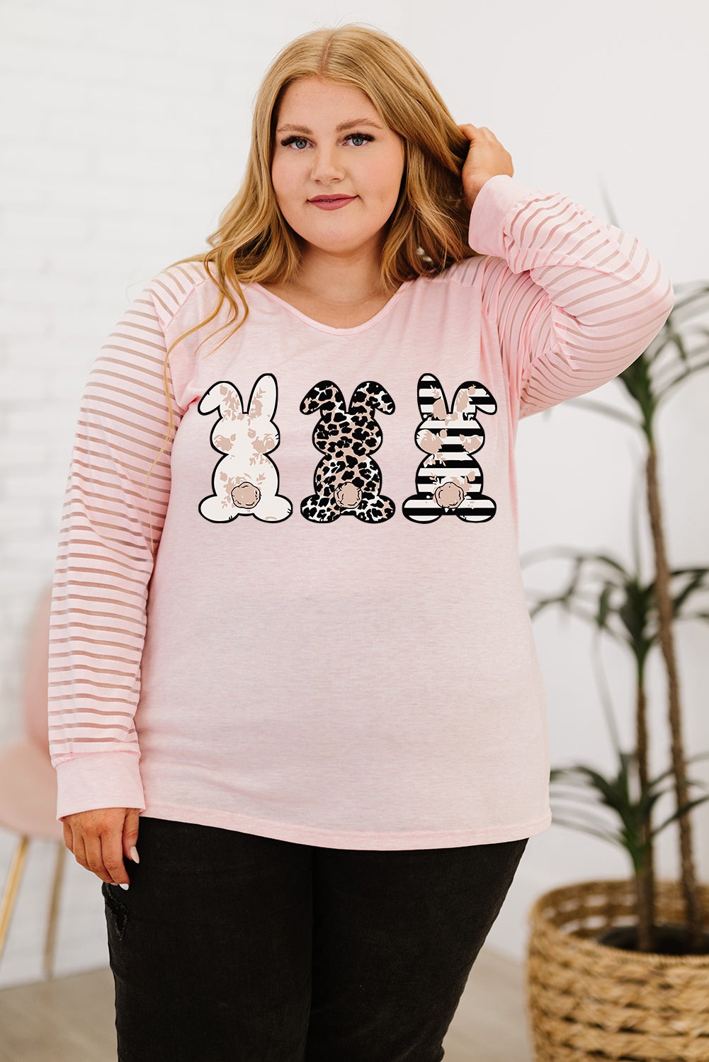 Plus Size Rabbit Graphic Long Raglan Sleeve Easter Tee-Jewearrings