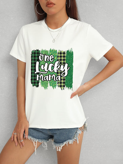 ONE LUCKY MAMA Round Neck T-Shirt-Jewearrings