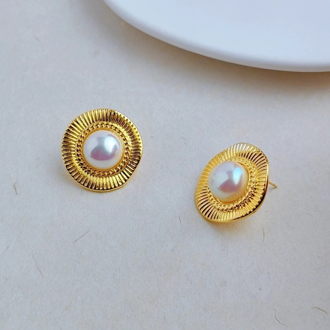 Retro Semicircle Pearl Stud Silver Needle Exaggerated Earrings-Jewearrings