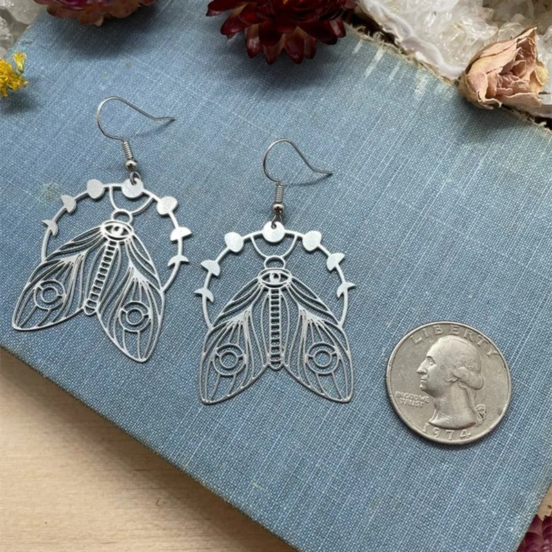 Hollow Cicada Drop Earrings Moon Phase Moth Dangle Stainless Steel Earrings For Women-Jewearrings