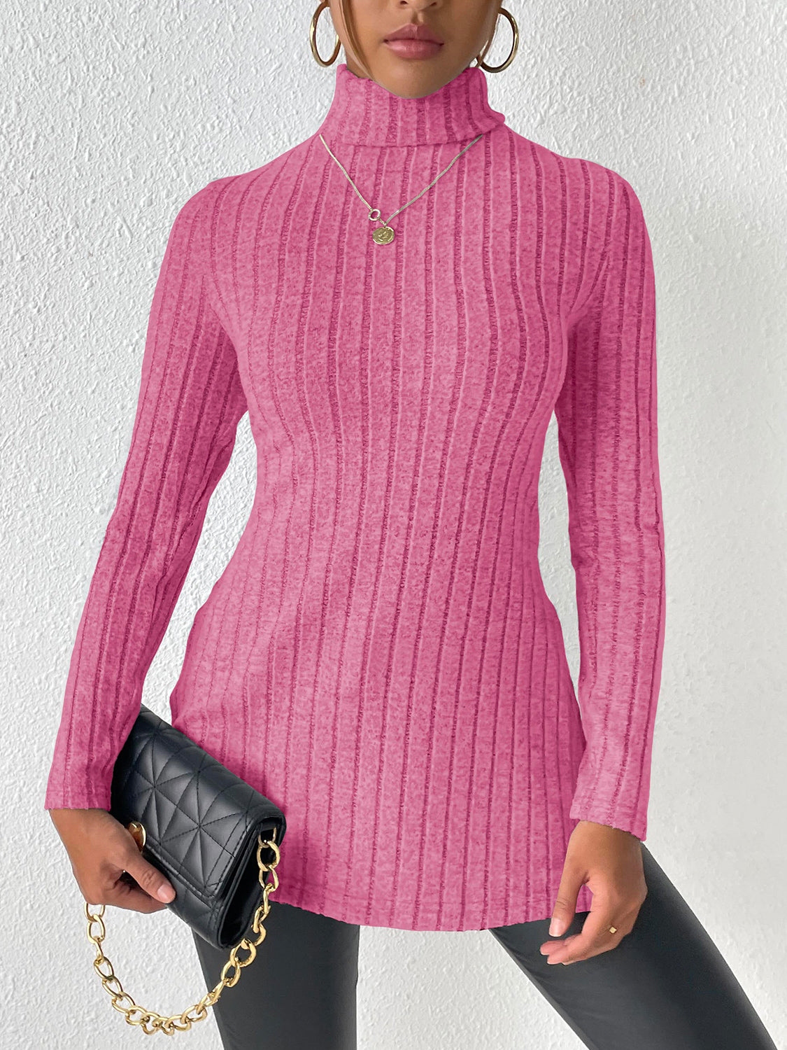 Ribbed Turtleneck Long Sleeve Slit T-Shirt-Jewearrings