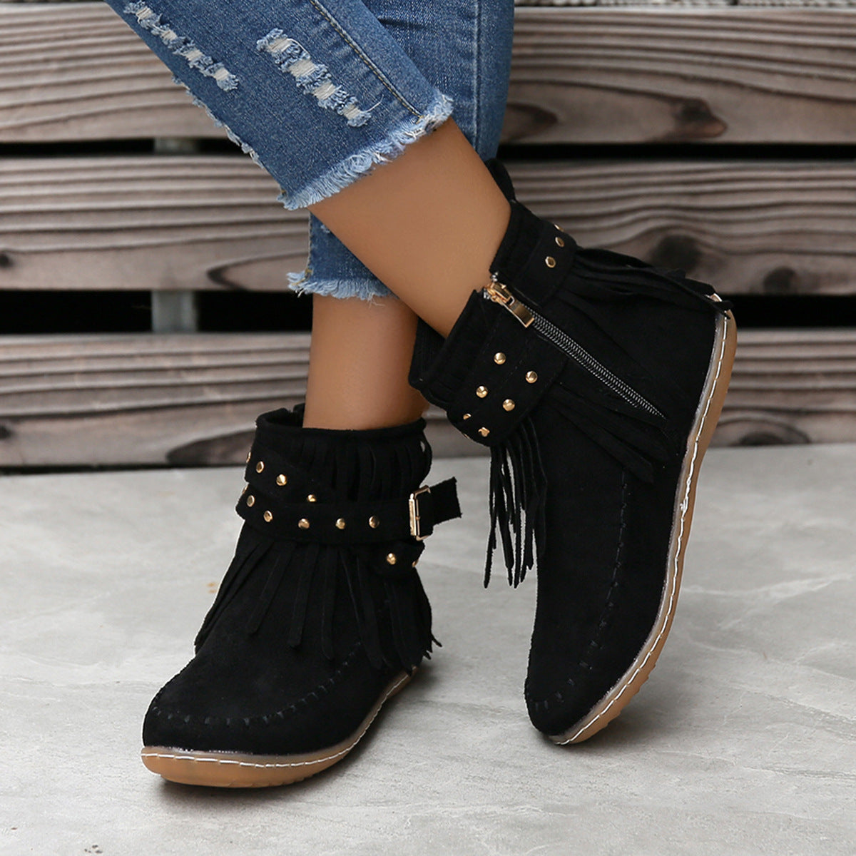 Studded Fringe Round Toe Boots-Jewearrings