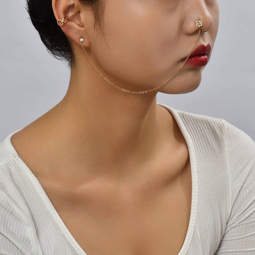 Personalized Earrings One-piece Pierced Nose Ring Chain, Retro Snake-shaped Nose Ring, Ring-shaped C-ear Clip Female Set Accessories-Jewearrings