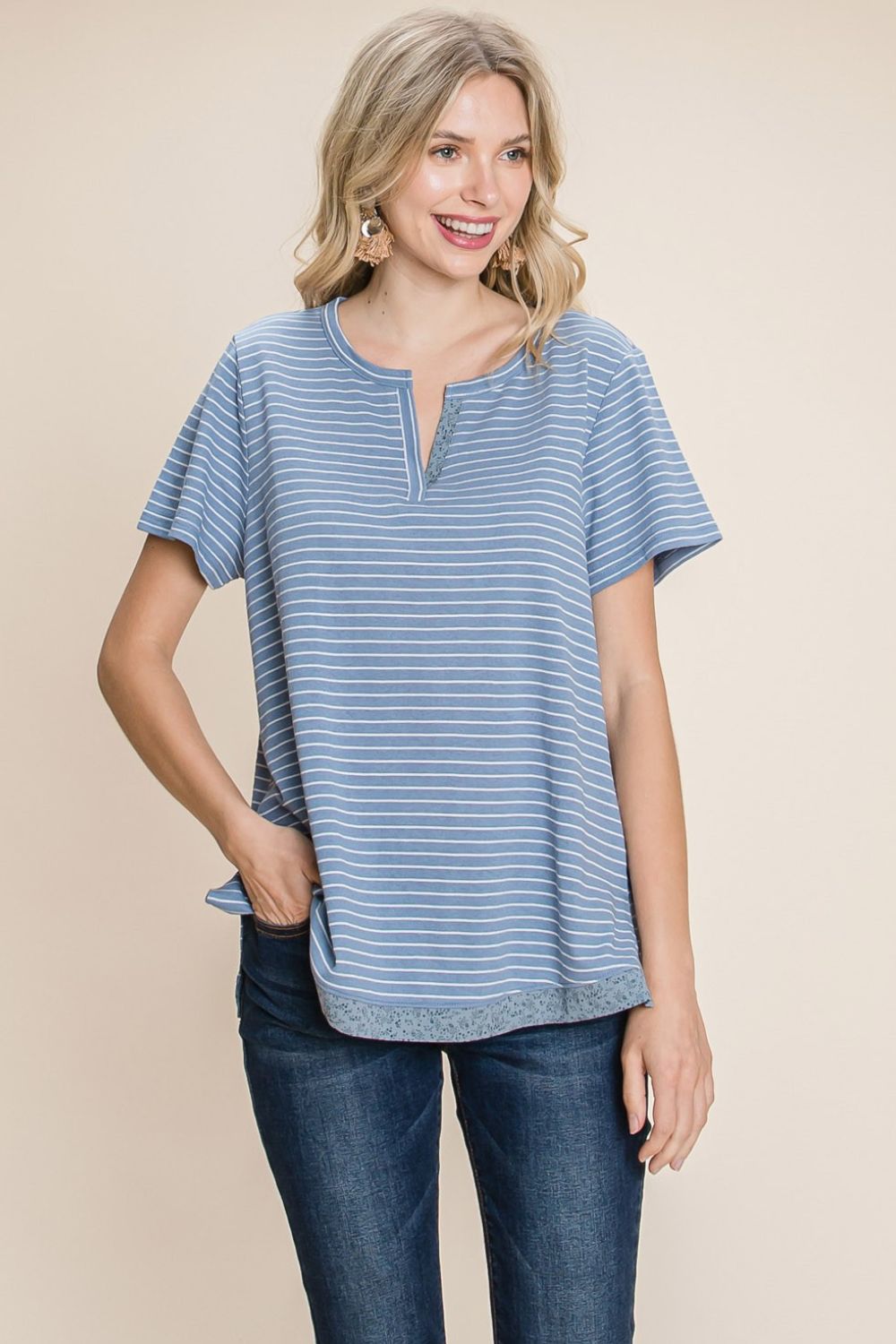 Cotton Bleu by Nu Lab Slit Striped Notched Short Sleeve T-Shirt-Jewearrings