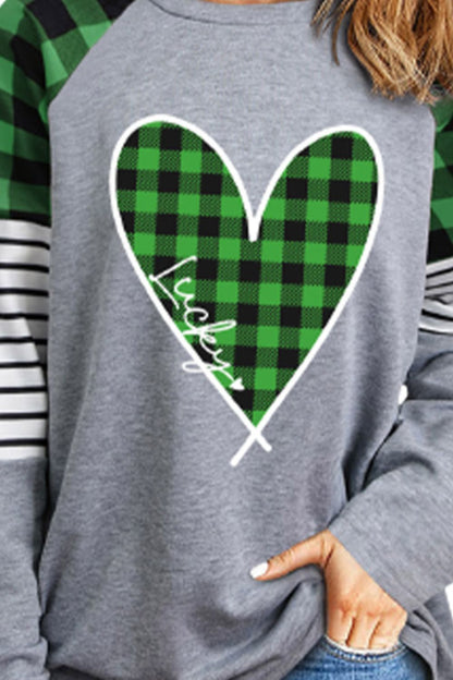 Plaid Heart Raglan Sleeve Sweatshirt-Jewearrings