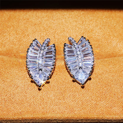 Delicate Leaf Shaped Brass And Zircon Stud Earrings For Women-Jewearrings