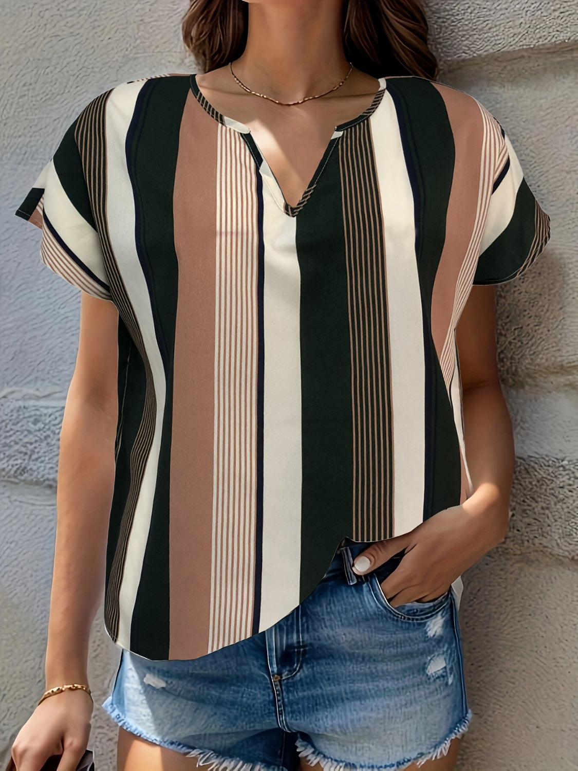 Striped Notched Short Sleeve Blouse-Jewearrings