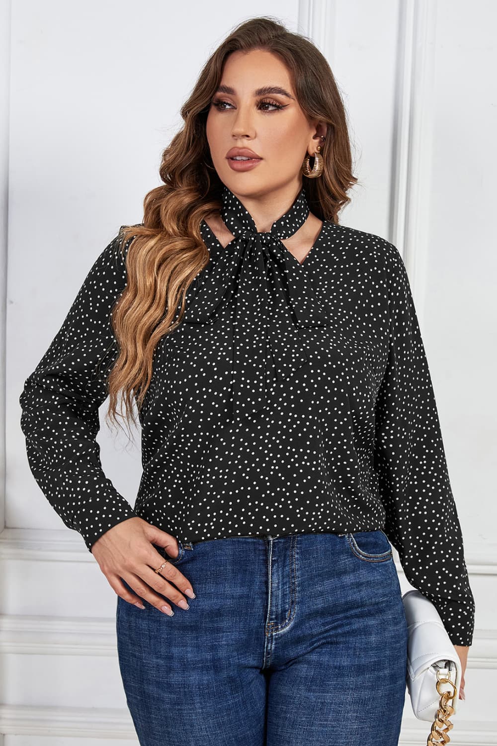 Melo Apparel Plus Size Printed Tie Neck Long Sleeve Blouse-Jewearrings