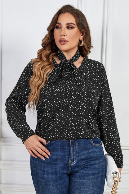 Melo Apparel Plus Size Printed Tie Neck Long Sleeve Blouse-Jewearrings