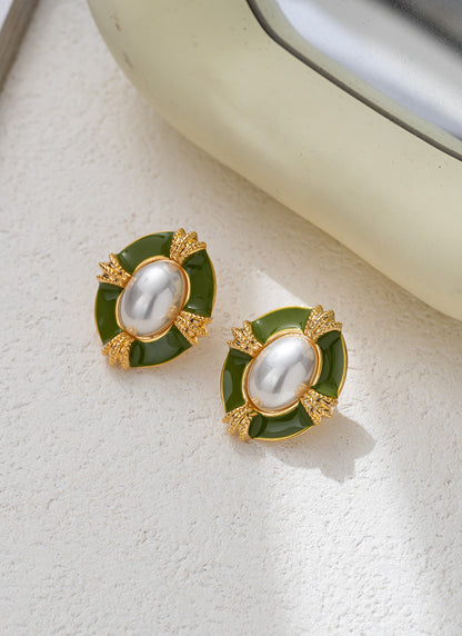 Temperament Entry Lux Enamel Dripping Vintage Pearl Earrings-Jewearrings