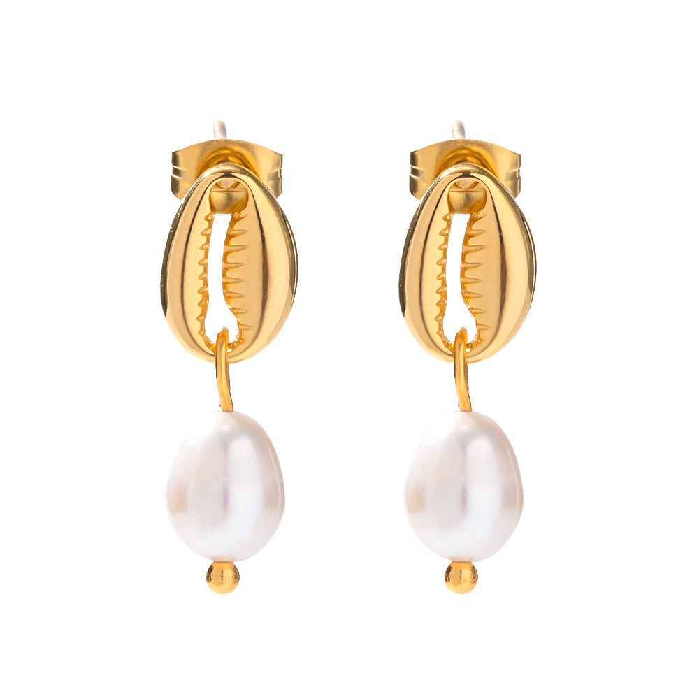 Women's 18K Gold Color-free Pearl Eardrops Stud Earrings-Jewearrings