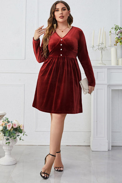 Melo Apparel Plus Size V-Neck Decorative Button Knee Length Dress-Jewearrings