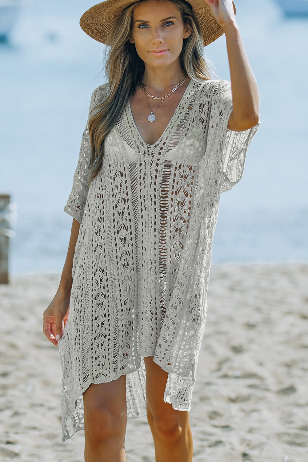 Openwork V-Neck Slit Cover Up-Jewearrings