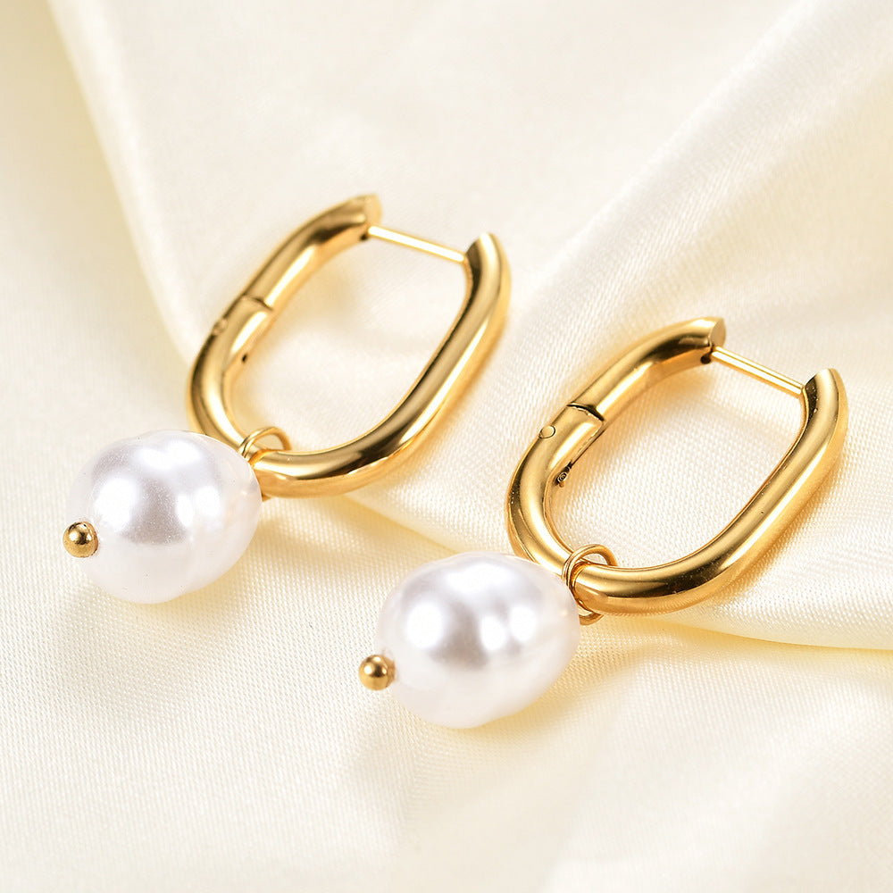 Women's Fashion Imitation Pearl U-shaped Hollow Stud Earrings-Jewearrings