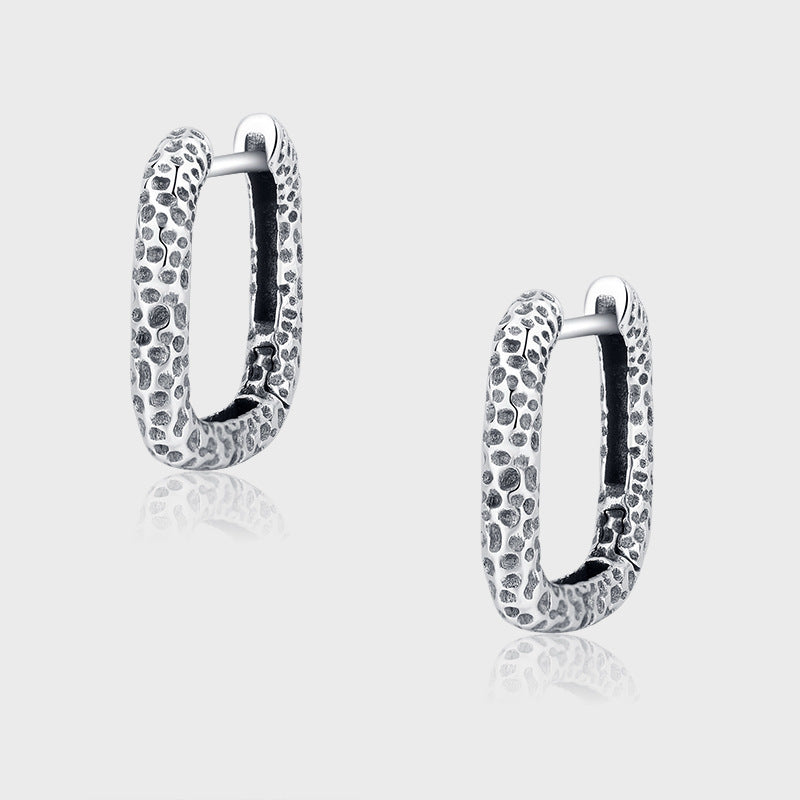 925 Sterling Silver Oval Metallic Bump Texture Geometric Personality Circle Earrings-Jewearrings