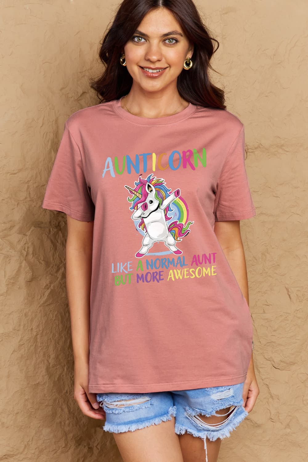 Simply Love Full Size AUNTICORN LIKE A NORMAL AUNT BUT MORE AWESOME Graphic Cotton Tee-Jewearrings